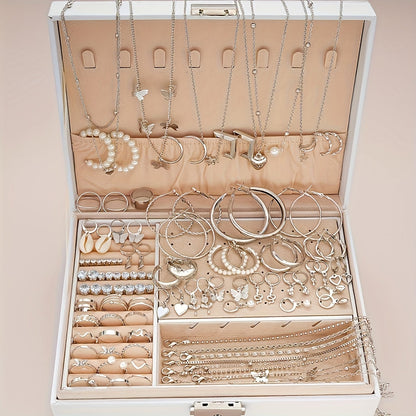 108pcs Women Jewelry Set Vintage Butterfly Heart Rhinestone Necklace Bracelet Anklet Ring Earrings Bundle Multi-Layer Chains Silver Fashion Jewelry Gift for Her