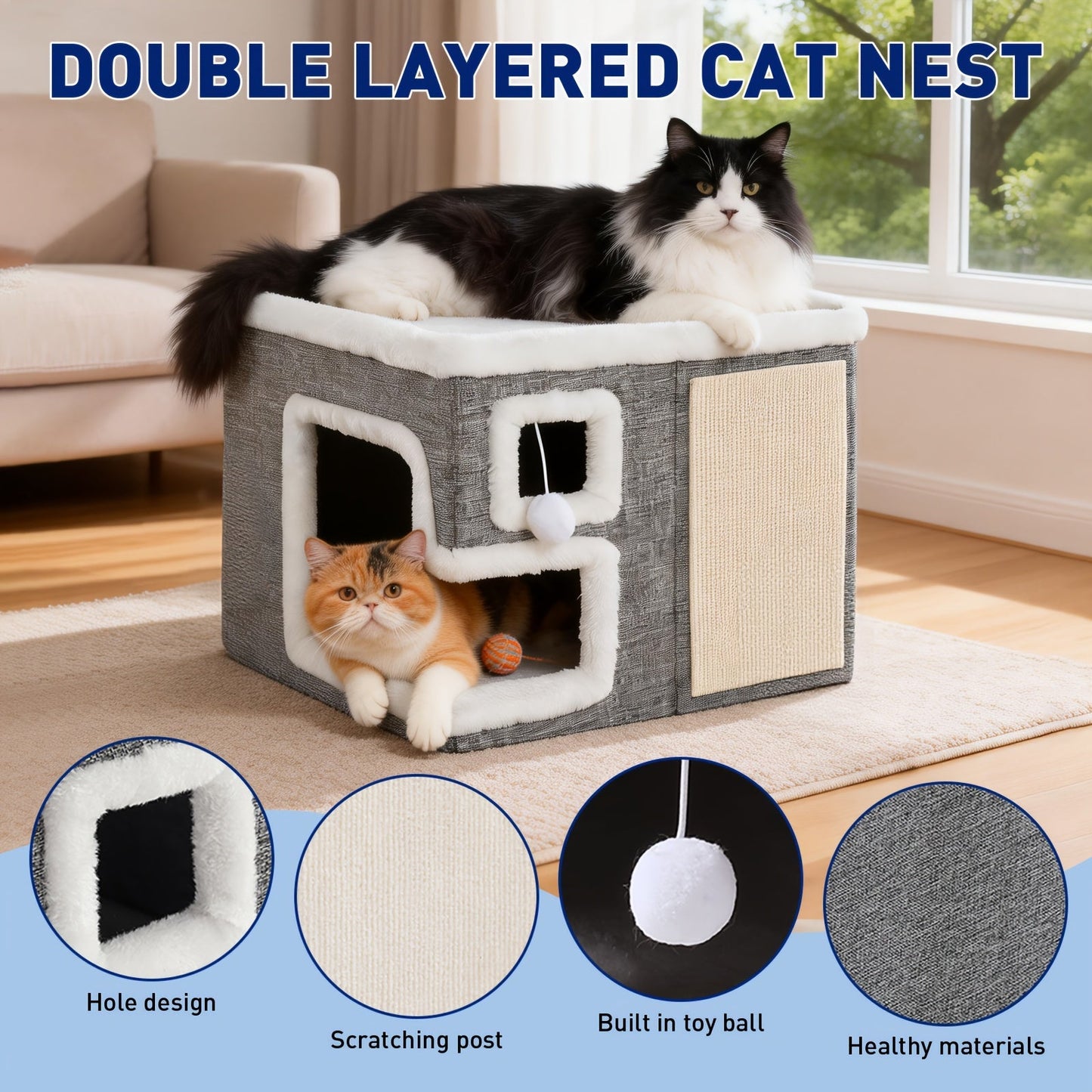 3-in-1 Cat House Indoor Condo – Luxury Wooden Ottoman Style Cat Bed Sleep Play & Scratch, Multi-Cat Friendly Large Cat Cave Hideaway Cube Furniture, Light Gray Standard & Large