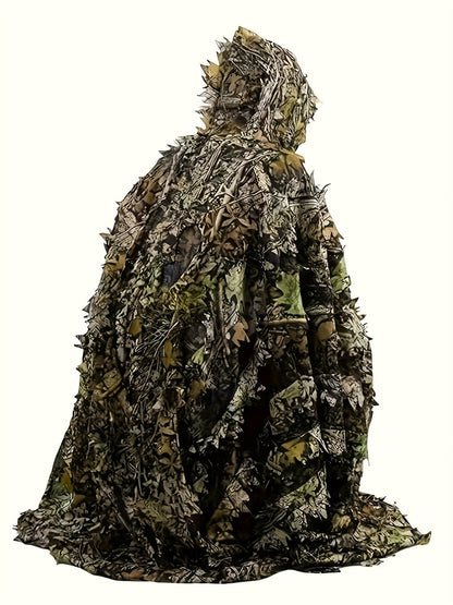 3D Maple Leaf Camouflage Ghillie Suit with Net Hood - One Size Fits S-XL Camo Hunting Suit for Deer Turkey Hunting Bird Watching Airsoft Paintball Survival Games Wildlife Photography (Fern Green)