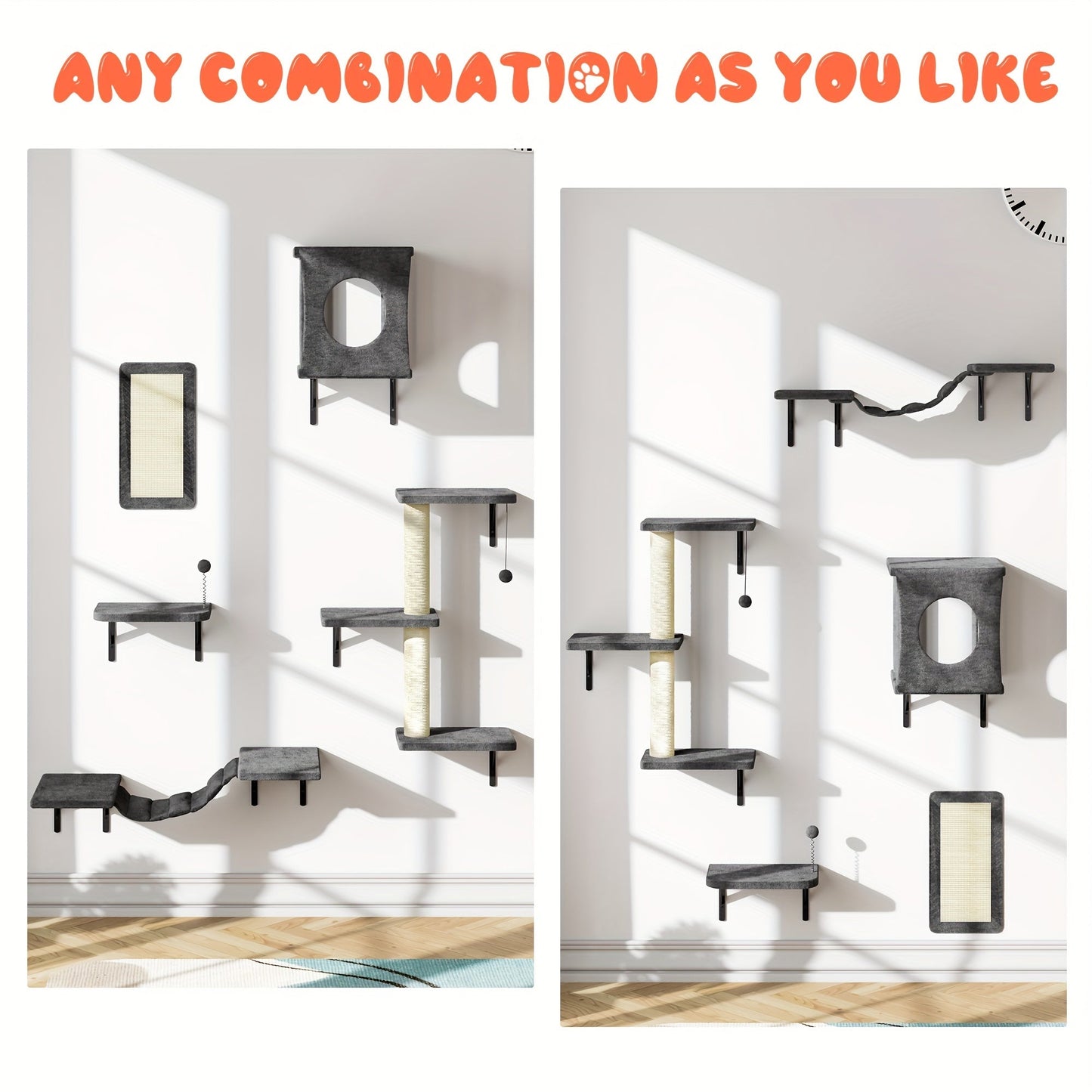 Cat Wall Shelves 5-Piece Set - Wall-Mounted Floating Cat Perch, Climber & Bridge, Modern Cat Furniture for Indoor Cats, Cat Tree Alternative with Cat Bed Platform, Space-Saving Cat House