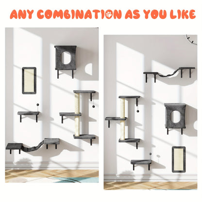 Cat Wall Shelves 5-Piece Set - Wall-Mounted Floating Cat Perch, Climber & Bridge, Modern Cat Furniture for Indoor Cats, Cat Tree Alternative with Cat Bed Platform, Space-Saving Cat House