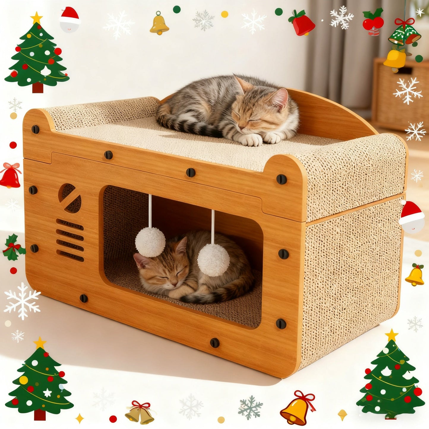 Large Cat House with Scratcher Pads & Plush Ball Toys – Ventilated Indoor Outdoor Cat Shelter, Choose Single Door, Double Door or Luxury Double-Layer Design, Great Cat Gift