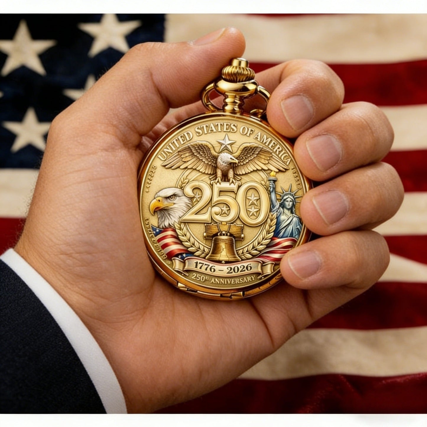 USA 250th Anniversary Pocket Watch 1776-2026 – Retro Wind-Up Timepiece with Bald Eagle & Statue of Liberty, Patriotic Commemorative Gift for History Buffs, Collectors & American Pride
