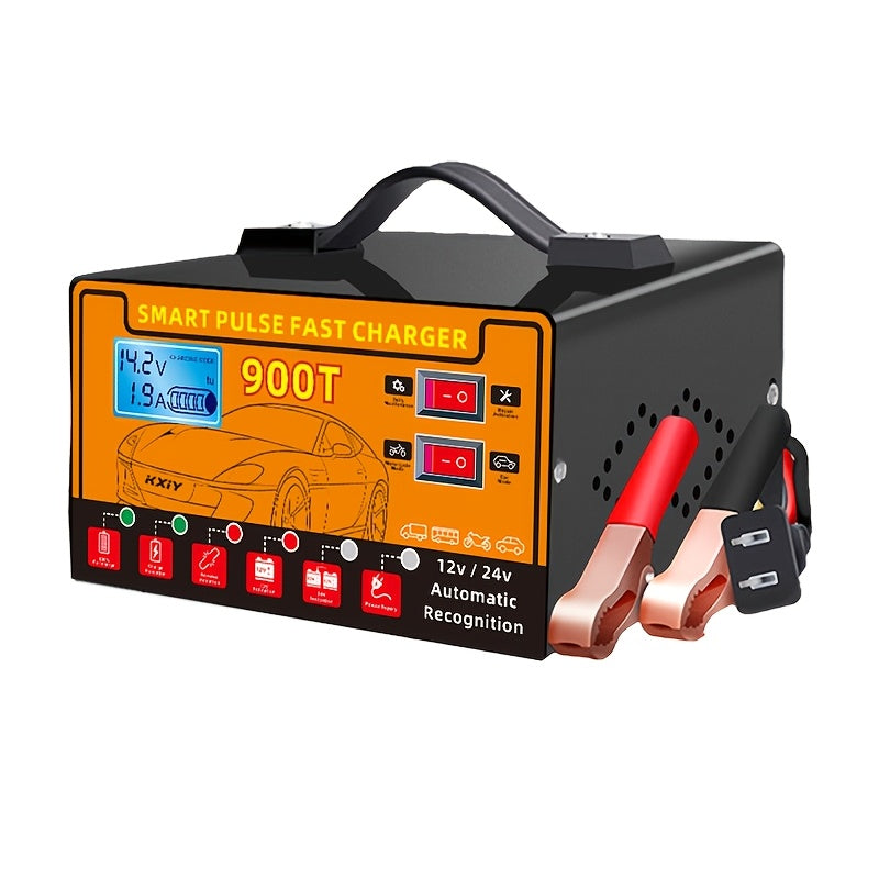 Smart Universal Battery Charger for 12V & 24V – LCD Screen, Pulse Repair & Temperature Regulation, Trickle Charger Maintainer for Car, Truck, Motorcycle, Boat, Lawn Mower & Harvester Batteries