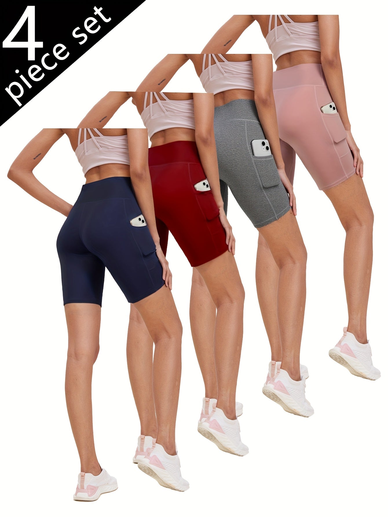 Women's High-Waisted Yoga Shorts 4-Pack Butt-Lifting 5-Pocket – Mid-Stretch Breathable Seamless Workout Shorts for Summer Yoga, Pilates & Gym Training (Red, Black, Gray, Navy Blue)