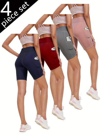 Women's High-Waisted Yoga Shorts 4-Pack Butt-Lifting 5-Pocket – Mid-Stretch Breathable Seamless Workout Shorts for Summer Yoga, Pilates & Gym Training (Red, Black, Gray, Navy Blue)