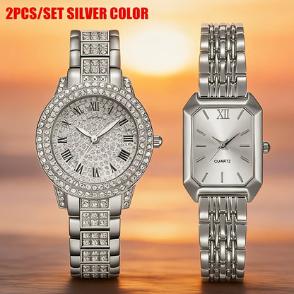 Set of 2 Women's Watches Gold Quartz Wristwatch – Elegant Ladies Analog Timepiece Set, Casual Stylish Gift for Women, Rose Gold Silver Tone