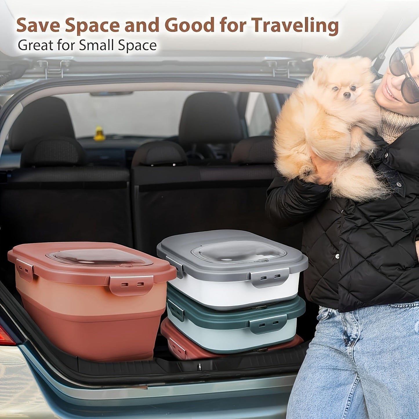 Foldable Pet Food Storage Container with Airtight Lid & Wheels – Large Capacity Moisture-Proof Dog Cat Food Bin 5–30 LBS, Collapsible Storage for Pet Food, Grains & Flour, Gray Green Pink