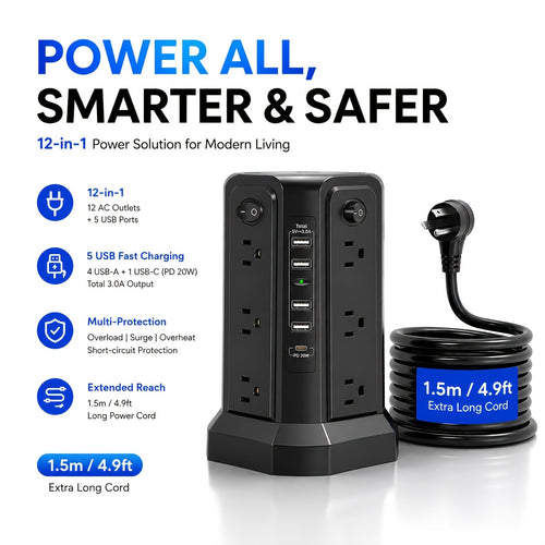 Tower Surge Protector Power Strip 12 AC Outlets 5 USB Ports PD 18W USB-C Fast Charging 10FT Extension Cord 1800J Surge Protection 4 Switches for Home Office Desk Dorm Room – Space-Saving Vertical Design