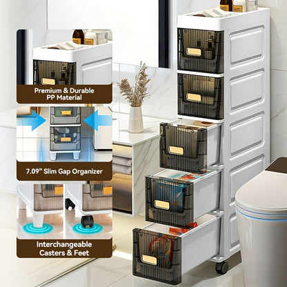 Slim Rolling Storage Cabinet with Drawers and Wheels Waterproof PP Organizer 3 4 5 6 Tier for Bathroom Kitchen Bedroom Small Spaces – Narrow Drawer Unit