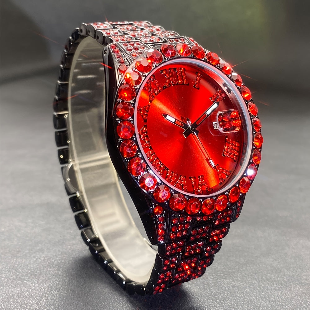 Rhinestone Couples Watch Set Luxury Quartz Movement Calendar Luminous Display for Men Women Red and Ice Blue Rhinestone Party Fashion Gift Watch