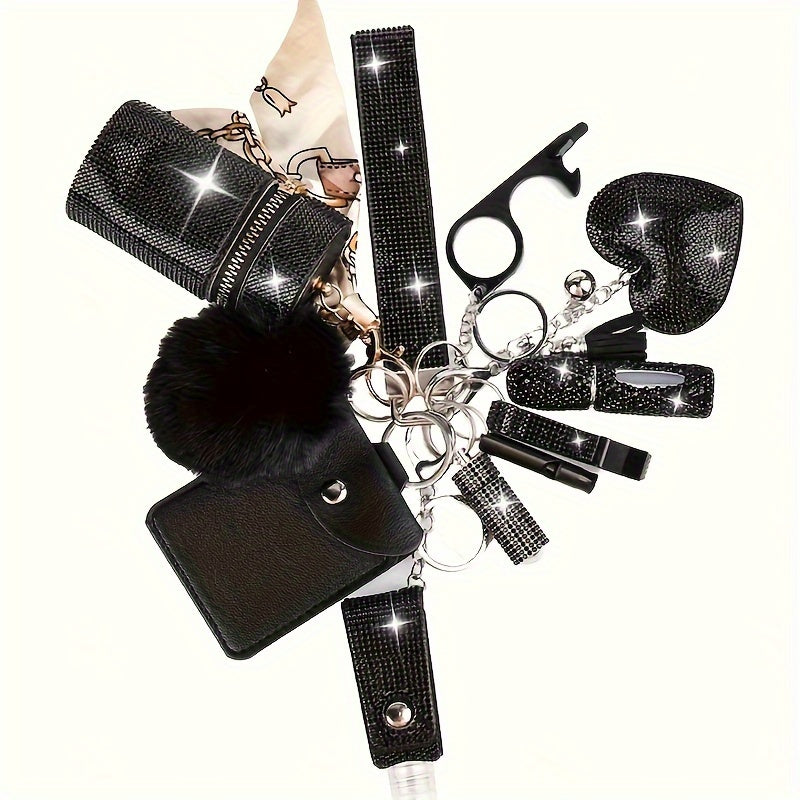 11-Piece Women's Rhinestone Keychain Set – Multifunctional Keyring with Card Holder, Pill Bottle, Whistle, Perfume Bottle & Storage Bag, Perfect Gift for Ladies