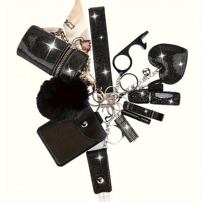 11-Piece Women's Rhinestone Keychain Set – Multifunctional Keyring with Card Holder, Pill Bottle, Whistle, Perfume Bottle & Storage Bag, Perfect Gift for Ladies