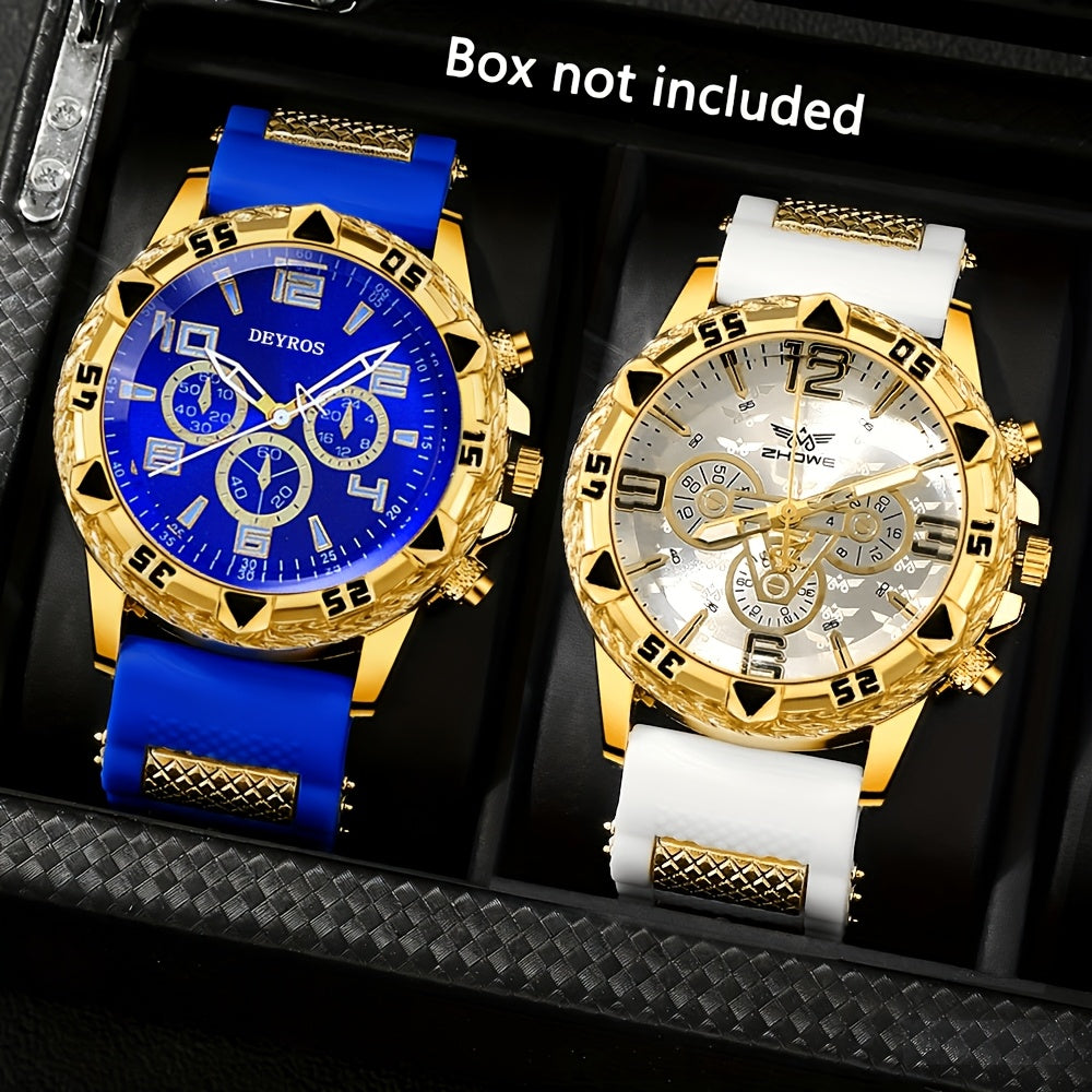 2-Pack Men's Large Dial Silicone Strap Quartz Watch Set Sports Business Casual Wristwatch Round Dial 5 Color Combos Gift for Him