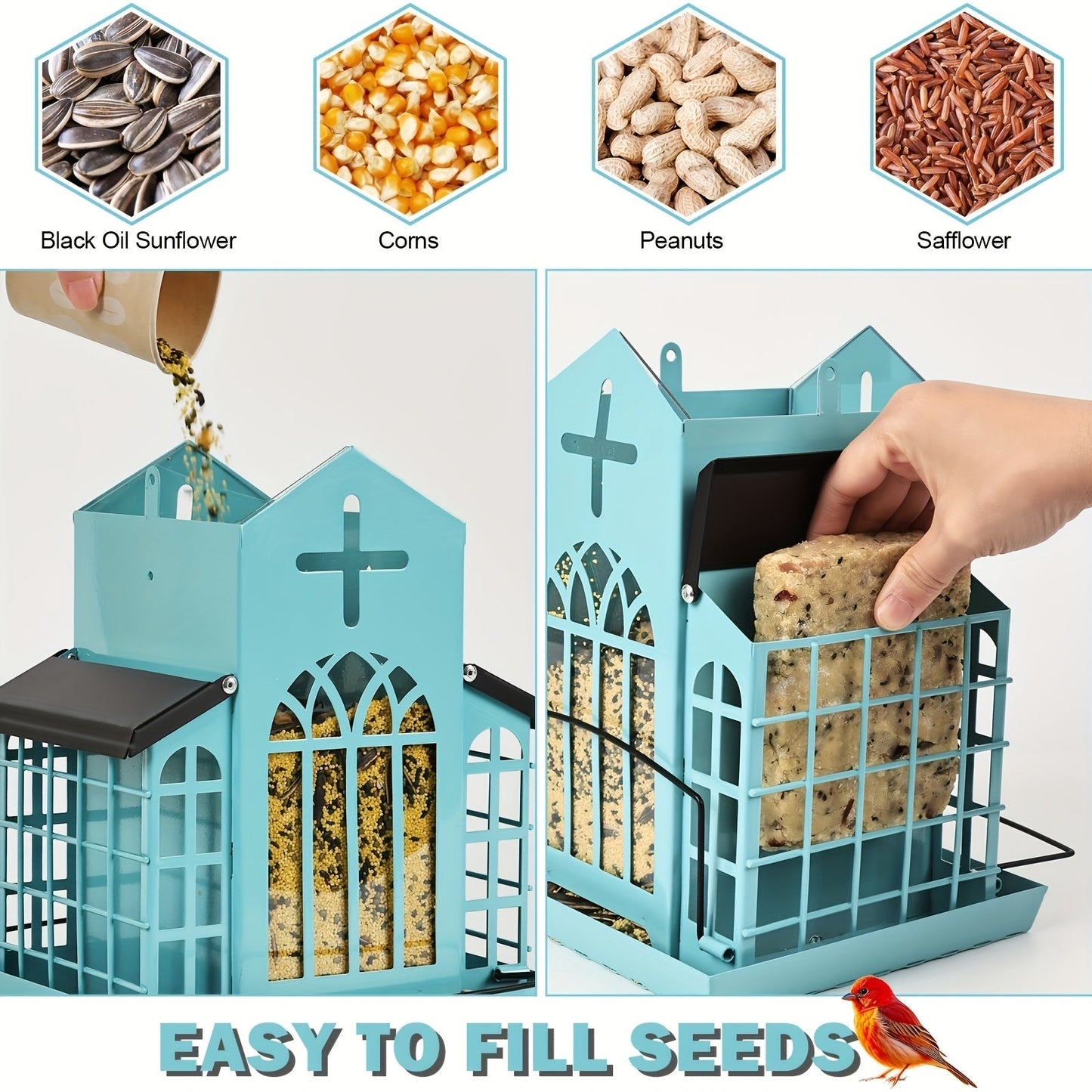 Vintage Metal Wild Bird Feeder for Outside – Triple Feeders for Finch, Cardinal & Chickadee, Large Capacity Metal Mesh Design with Easy-Hang Chains & Window Cut-Outs, 7 Style Options