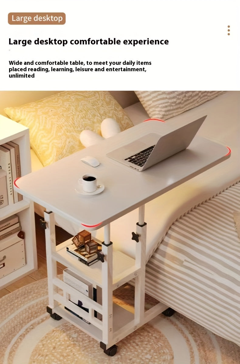 Height Adjustable Rolling Laptop Table with 4 Wheels & Dual Shelves – Mobile Workstation Desk for Bedside Dorm Office Living Room, Sturdy Steel Frame Space-Saving Design