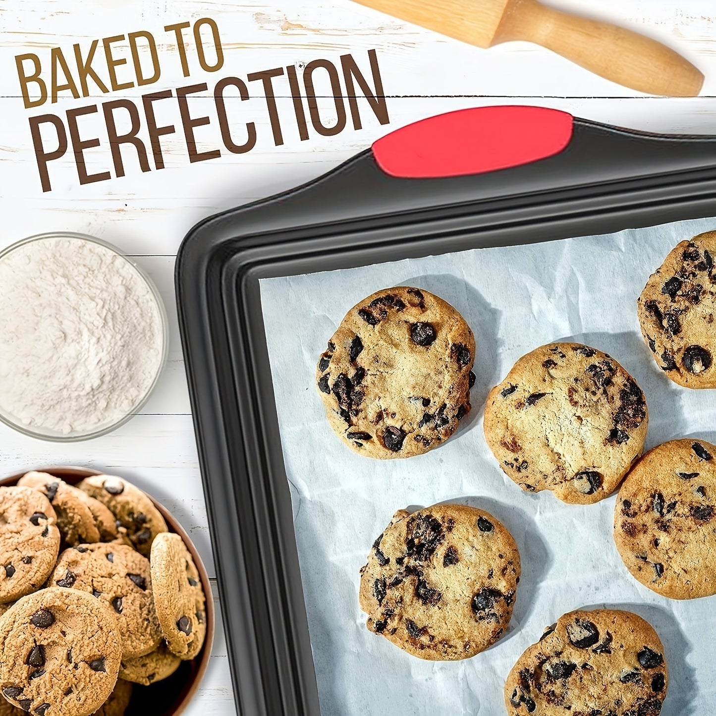Carbon Steel Nonstick Baking Pan Set 3/9 Pcs – Commercial Grade Oven Safe Bakeware with Red Silicone Handles, Non-stick Inside & Outside, Restaurant Quality Kitchen Cookware for Home Baking