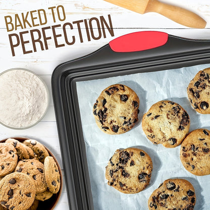 Carbon Steel Nonstick Baking Pan Set 3/9 Pcs – Commercial Grade Oven Safe Bakeware with Red Silicone Handles, Non-stick Inside & Outside, Restaurant Quality Kitchen Cookware for Home Baking