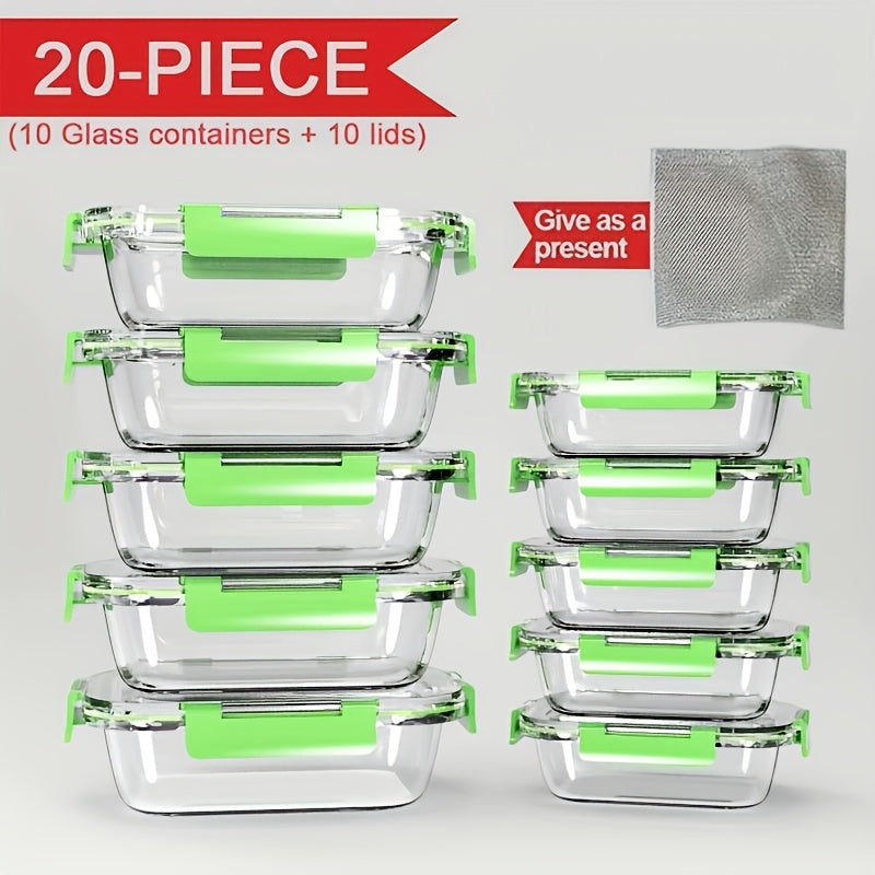 Glass Food Storage Containers with Lids 20-Piece Set, Stackable Airtight Meal Prep Containers, Oven Microwave Refrigerator & Dishwasher Safe, Space-Saving Kitchen Organization – 10 Containers + 10 Lids