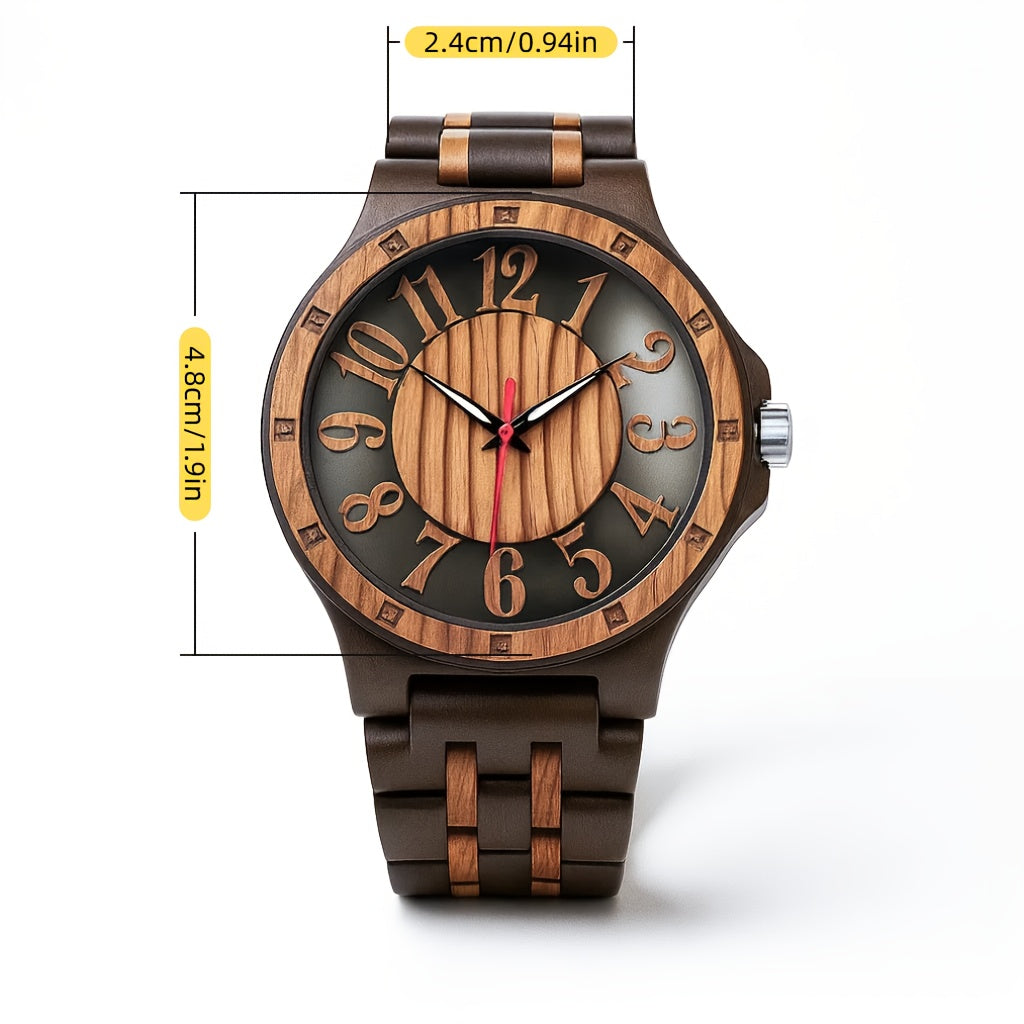 Natural Wood Watch for Men – Hollow Arabic Dial Quartz Wooden Timepiece, Handcrafted Unique Grain Wristwatch, Perfect Gift for Men, Boys, Fathers & Sons on Birthday or Father's Day