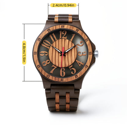 Natural Wood Watch for Men – Hollow Arabic Dial Quartz Wooden Timepiece, Handcrafted Unique Grain Wristwatch, Perfect Gift for Men, Boys, Fathers & Sons on Birthday or Father's Day