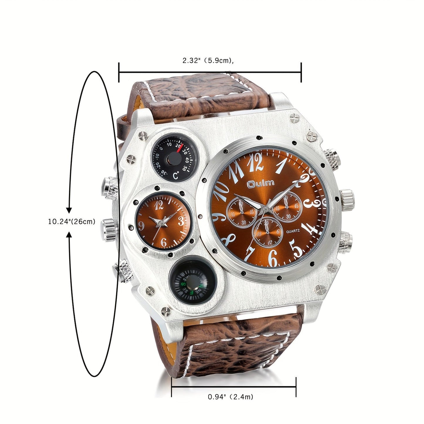 Men's Dual Time Zone Big Dial Quartz Watch – Faux Leather Strap, Luminous Hands, Stainless Steel Case, Casual Sports Wristwatch for Men, Perfect Gift