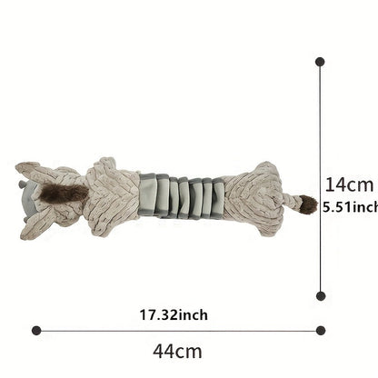 Elastic Stretch Donkey Plush Squeaky Dog Toy – Durable Tug & Chew Toy for Small, Medium & Large Dogs, Textured Spikes, No Batteries Required, Soft Gray & White Animal Design