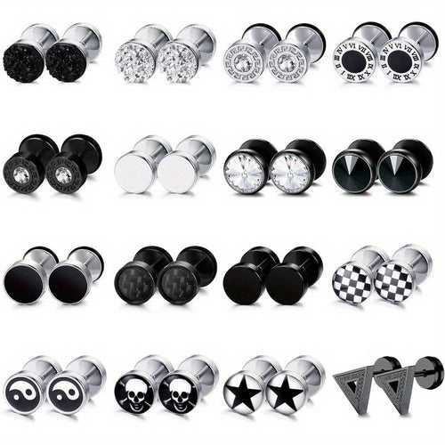 16-Pair Fake Gauge Stud Earrings for Men & Women – 316L Stainless Steel Faux Plug Screw Barbell Ear Studs, 8mm Black & Silver Assorted Styles, Hypoallergenic Earring Set Gift