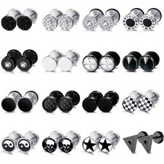 16-Pair Fake Gauge Stud Earrings for Men & Women – 316L Stainless Steel Faux Plug Screw Barbell Ear Studs, 8mm Black & Silver Assorted Styles, Hypoallergenic Earring Set Gift