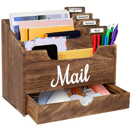 Large Solid Wood Desktop Mail Organizer with Drawer and 4 Compartments Labelable Dividers for Files Letters Paper Folders Desk Organizer for Home Office Students and Professionals