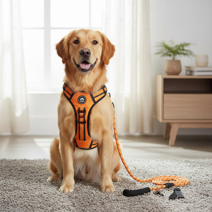 No Pull Dog Harness Set with Leash Retractable Seatbelt & Collar – Fully Reflective Adjustable Breathable Vest Harness with Handle for Small & Large Dogs XS–XL