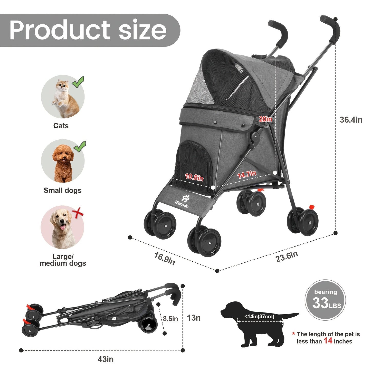 Portable Pet Stroller for Small Dogs & Cats – Foldable Travel Dog Stroller up to 33 lbs, Breathable Canopy, Smooth Wheels & Storage Basket, Ideal for Walks, Trips & Outdoor Adventures