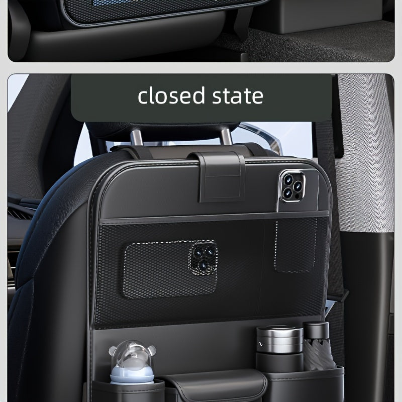 Car Seat Back Organizer PU Leather – Multifunctional Back Seat Storage Bag with Foldable Dining Table, Cup Holder & Travel Pockets, Universal Fit for Cars SUVs Trucks, Road Trip Accessories