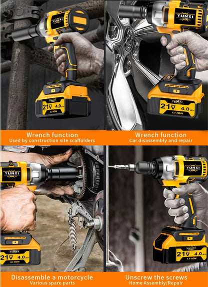 21V Brushless Cordless Impact Wrench & Drill Set – 4000mAh Li-ion Battery, Toolbox, Charger & Socket Accessories for Automotive, Home & Industrial Use