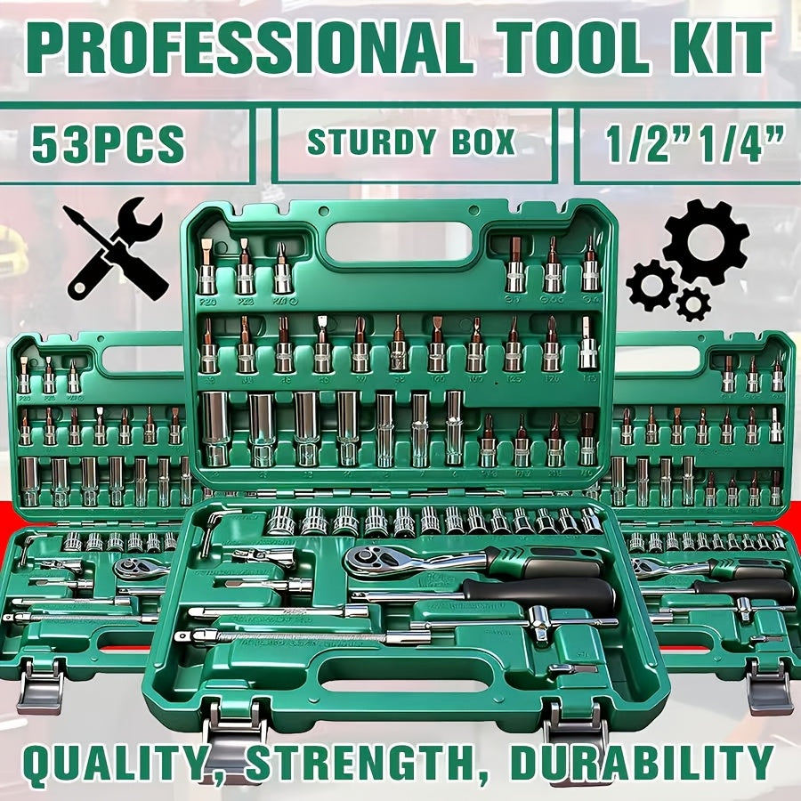 Impact Socket Set CR-V SAE & Metric 6-Point with Ratchet Handle Extension Rod – Choose 34pc 1/2" Drive, 47pc 3/8" Drive, or 53pc Tool Set for Car Repair Home Maintenance & Professional Use