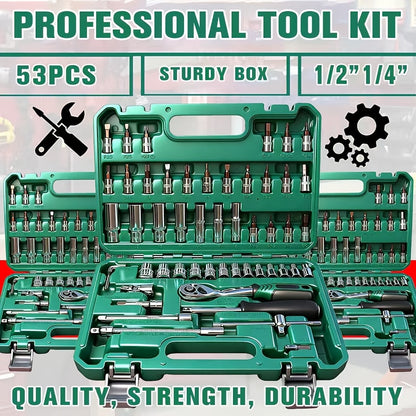 Impact Socket Set CR-V SAE & Metric 6-Point with Ratchet Handle Extension Rod – Choose 34pc 1/2" Drive, 47pc 3/8" Drive, or 53pc Tool Set for Car Repair Home Maintenance & Professional Use