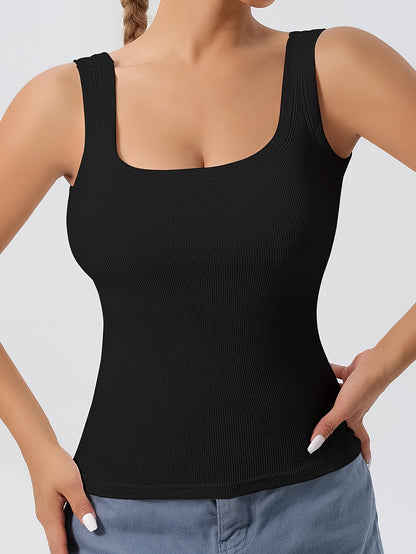 Women's Scoop Neck Tank Top Removable Chest Padding Slim Fit Casual Summer Sleeveless Top 8 Colors XS-XL Built-In Bra