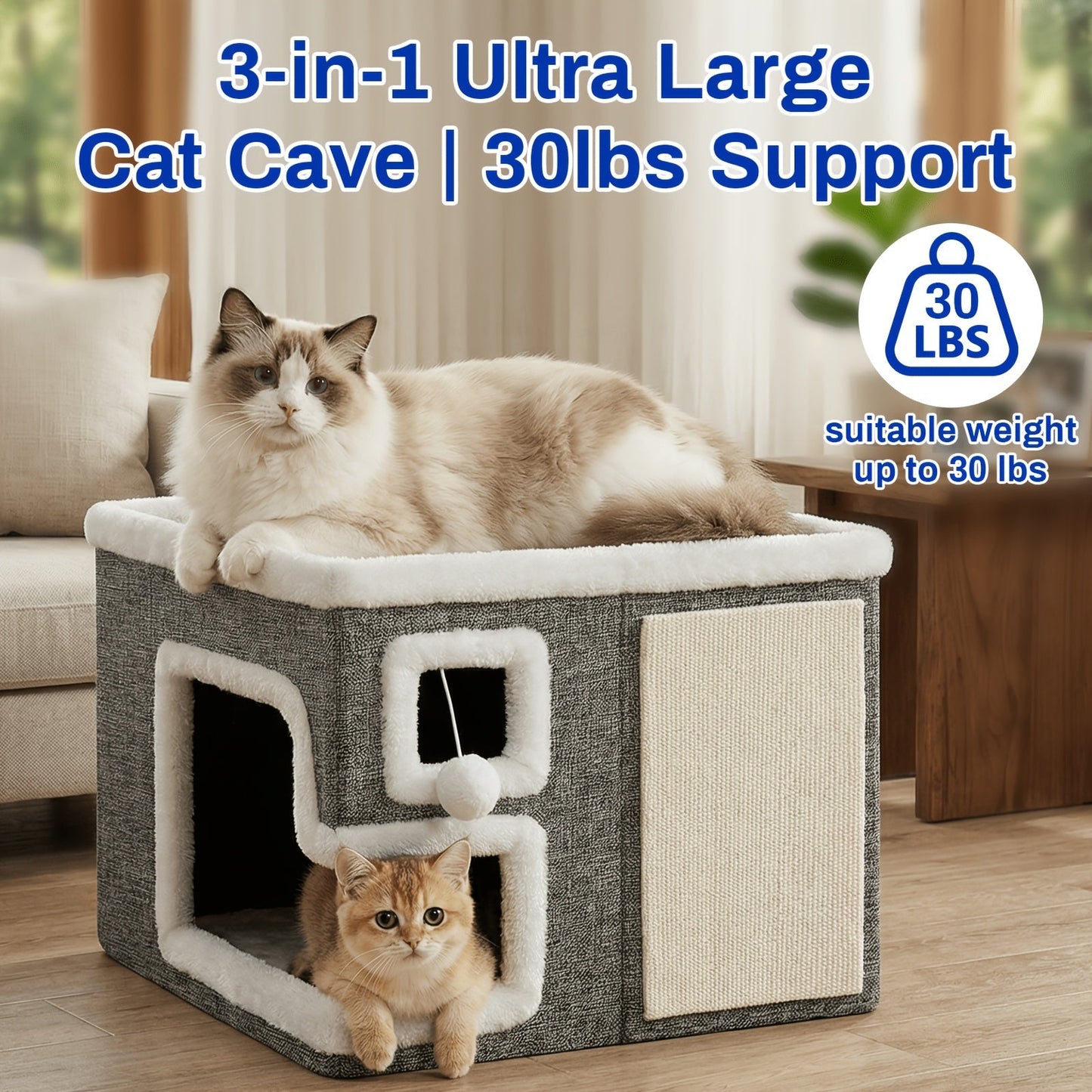 3-in-1 Cat House Indoor Condo – Luxury Wooden Ottoman Style Cat Bed Sleep Play & Scratch, Multi-Cat Friendly Large Cat Cave Hideaway Cube Furniture, Light Gray Standard & Large