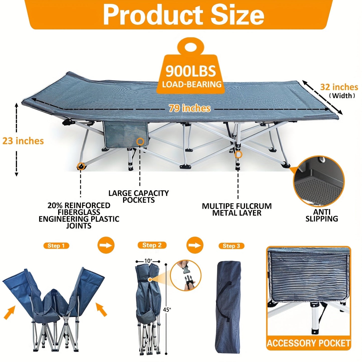 XXL Folding Camping Cot 79 x 32 Inch with Mattress & Carry Bag – Heavy-Duty Oversized Portable Sleeping Cot for Adults, Tall People, Guest Bed, Outdoor Camping, Travel & Emergency Use, Easy Setup