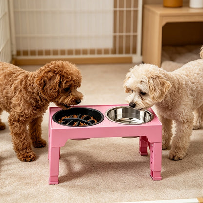 Height Adjustable Dog Bowl Stand with Slow Feeder & Stainless Steel Bowl – 5-Level Foldable Elevated Dog Food Bowl for Medium Large Dogs and Cats, Black & Pink