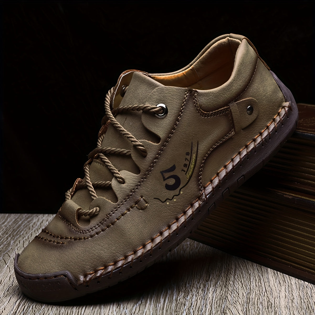 Men's Handmade Stitching Casual Sneakers – Flat Sole Lightweight Outdoor Walking Shoes in Black, Khaki, Blue, Military Green & Yellowish-Brown, Sizes US 7.5–12.5