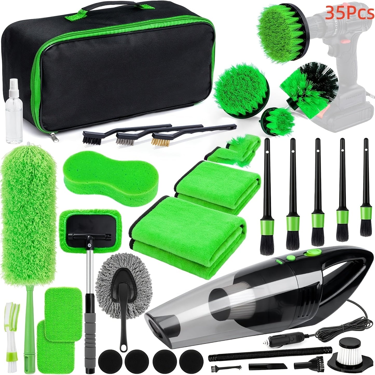 Car Cleaning Kit 17-35 Piece – Portable Vacuum Cleaner, Windshield Cleaning Tool, Drill Brush Set & Interior Brush Set for Full Car Detailing, Holiday Gift for Family & Friends