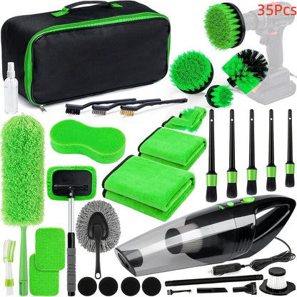 Car Cleaning Kit 17-35 Piece – Portable Vacuum Cleaner, Windshield Cleaning Tool, Drill Brush Set & Interior Brush Set for Full Car Detailing, Holiday Gift for Family & Friends