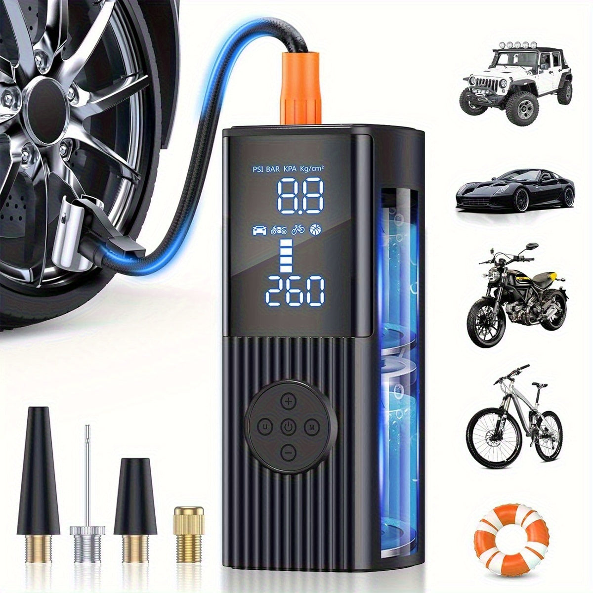 Portable Tire Inflator 210PSI Cordless with Digital Pressure Gauge, Rechargeable Battery & LED Light – Wireless Air Pump for Car, Motorcycle, Bicycle & Sports Balls – Velora
