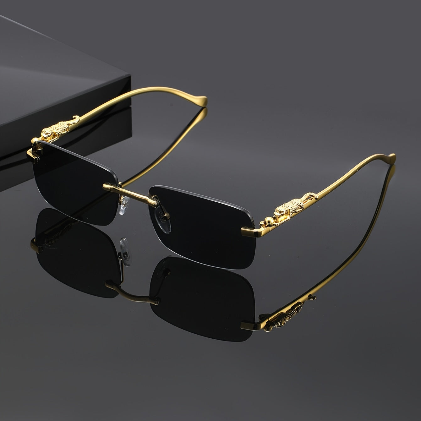 Leopard Print Frameless Square Sunglasses for Men Women – Gold Frame with Case & Cleaning Cloth, Champagne White Gray Lens, Trendy Unisex Eyewear for Casual Outfits, Parties & Photo Props