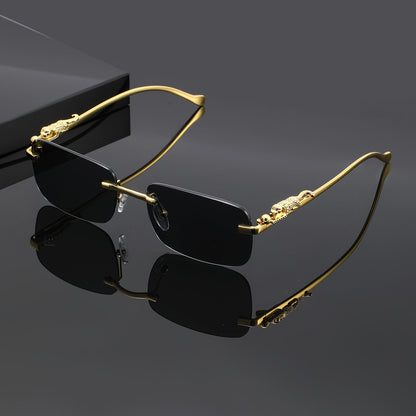 Leopard Print Frameless Square Sunglasses for Men Women – Gold Frame with Case & Cleaning Cloth, Champagne White Gray Lens, Trendy Unisex Eyewear for Casual Outfits, Parties & Photo Props