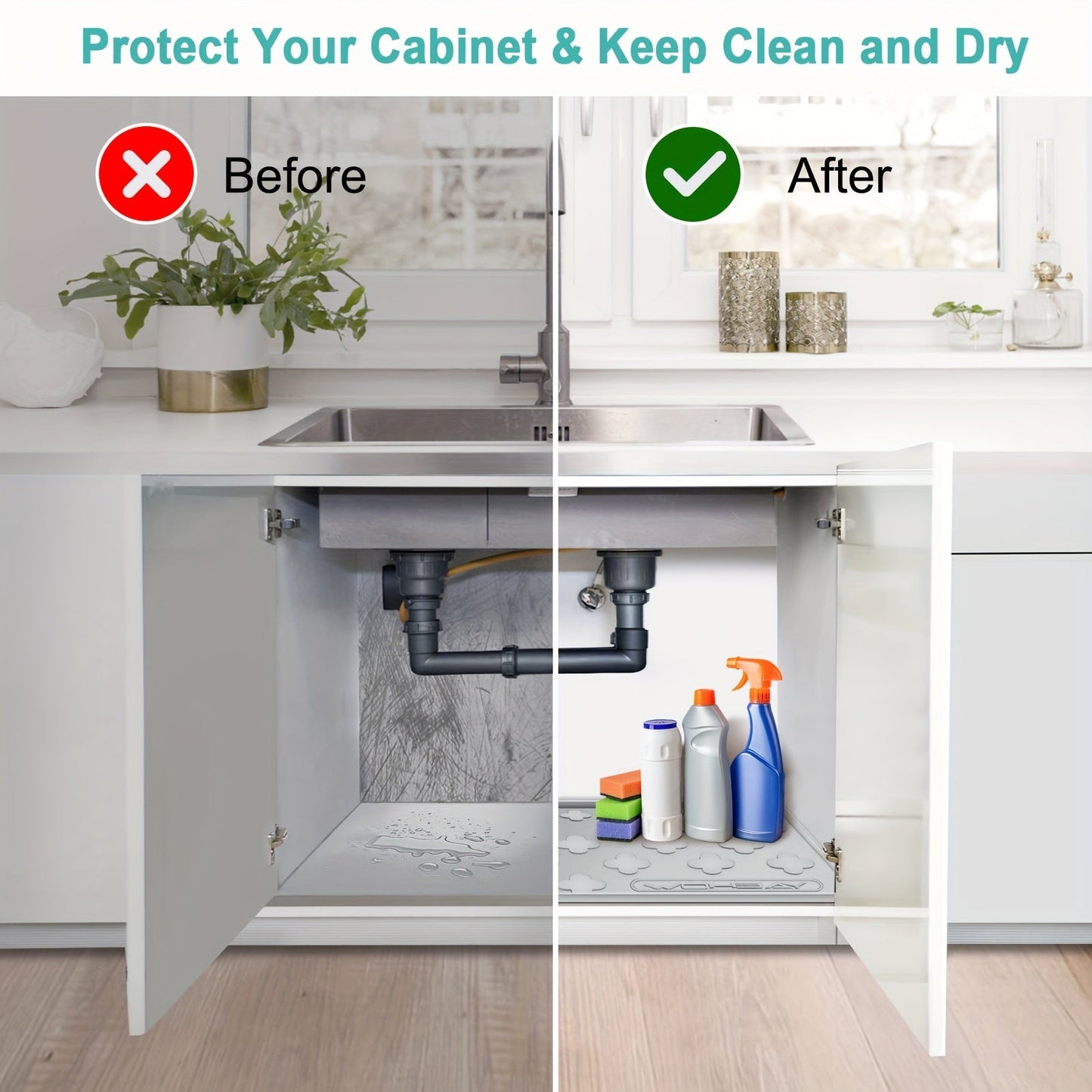 Under Sink Mat Waterproof Silicone 34" x 22", Under Sink Drip Tray Liner for Kitchen Bathroom Cabinet, Holds Up to 2 Gallons, Non-Toxic Leak Protection Mat with Raised Edges & Four-Leaf Clover Pattern