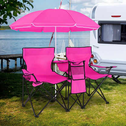 2-Person Folding Beach Chair Set with Umbrella, Table & Cooler Bag – Compact Collapsible Picnic Chair for Beach, Camping & Outdoor Outings, 270 lb Capacity Per Seat