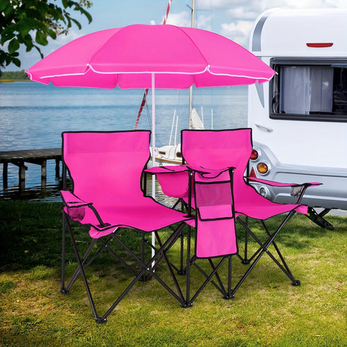 2-Person Folding Beach Chair Set with Umbrella, Table & Cooler Bag – Compact Collapsible Picnic Chair for Beach, Camping & Outdoor Outings, 270 lb Capacity Per Seat