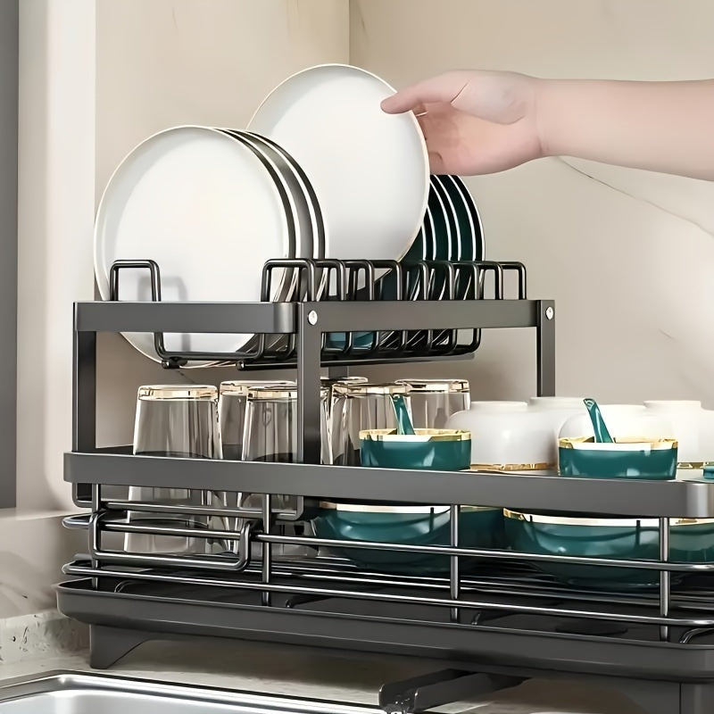 2-Tier Dish Drying Rack for Kitchen Counter with Drainboard Drain Mat Knife Fork Cup Holder Utensil Organizer Dish Drainer Kitchen Gadget Gift for Women Mother's Day